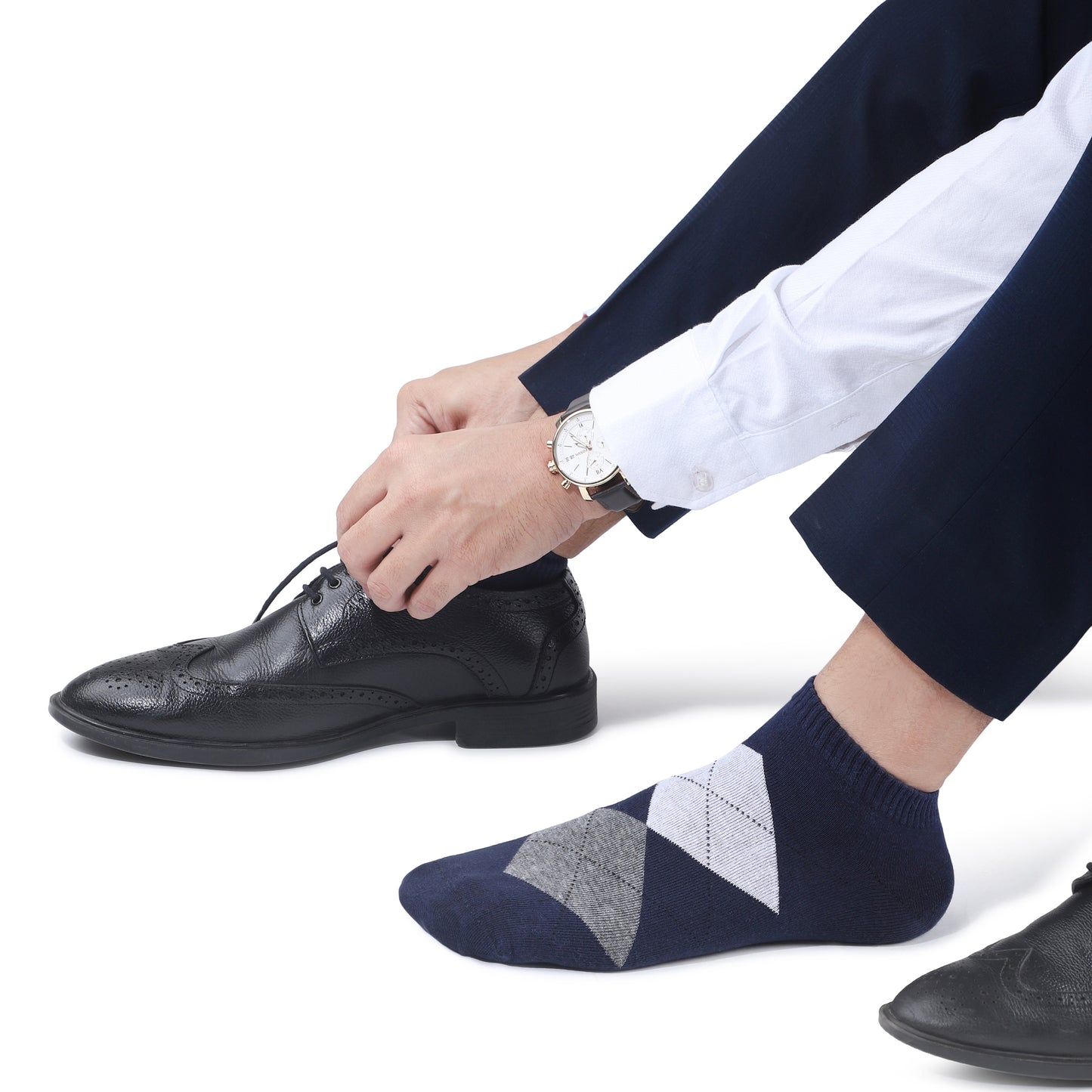 Men Sneaker Length Argyle Pattern Socks- Navy Blue