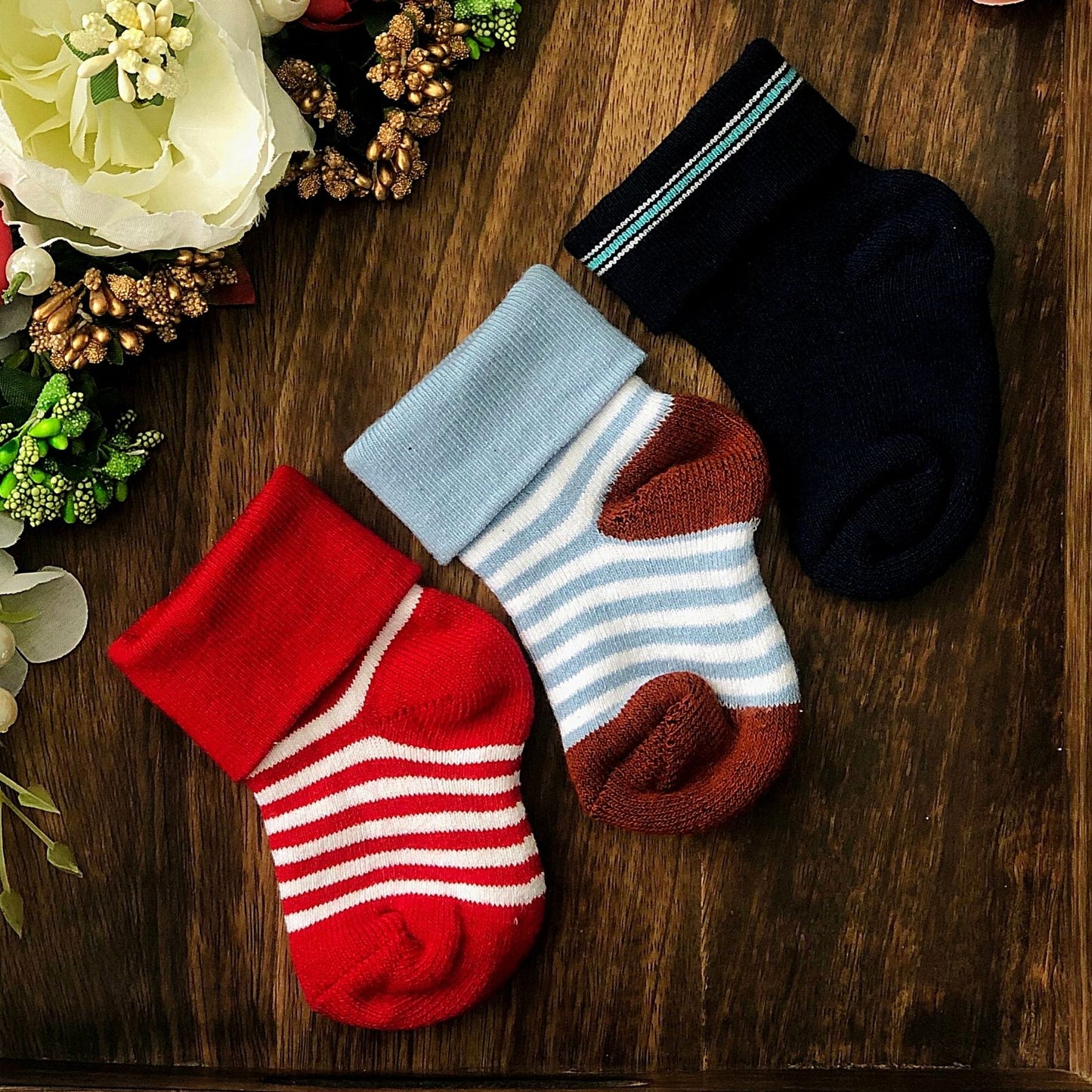 New Born Baby Cotton Terry Socks (Red:Brown:Navy Blue)