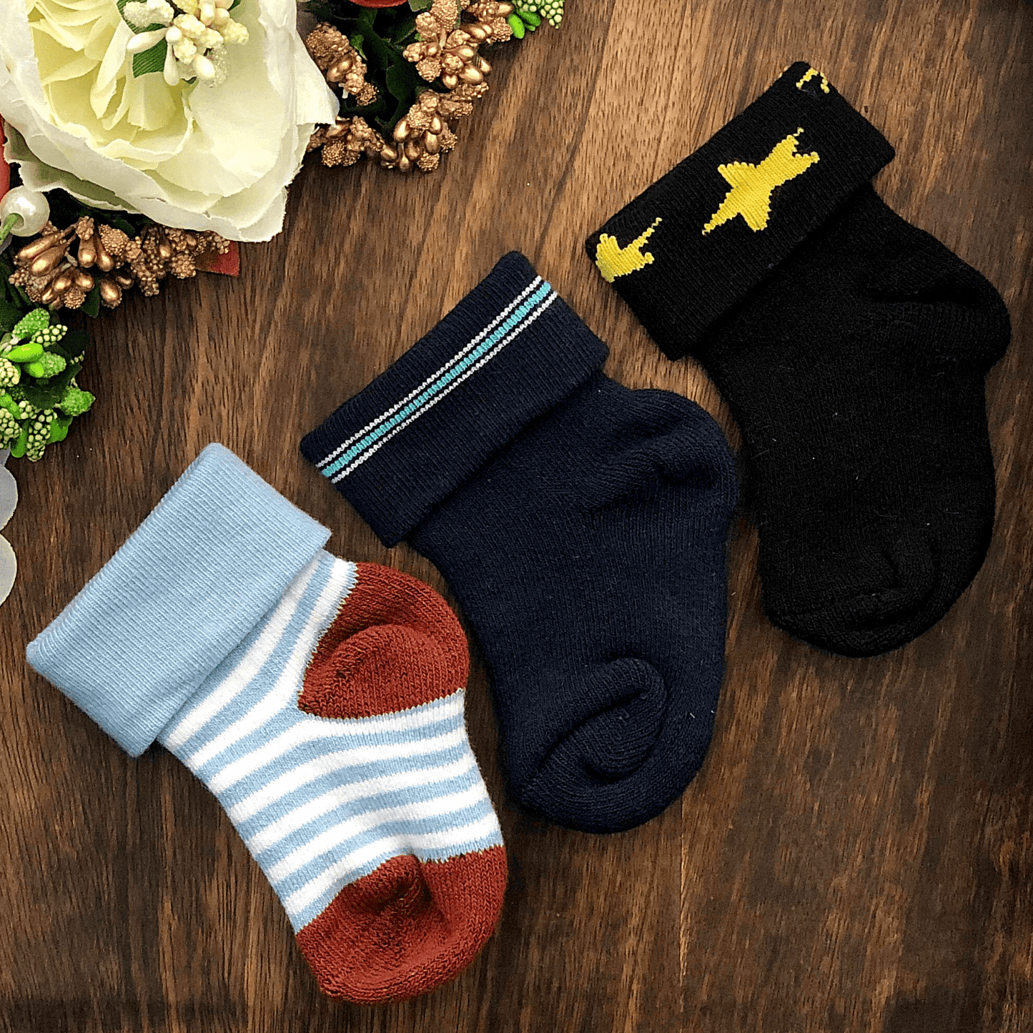 New Born Baby Cotton Terry Socks (Brown:Navy Blue:Black)