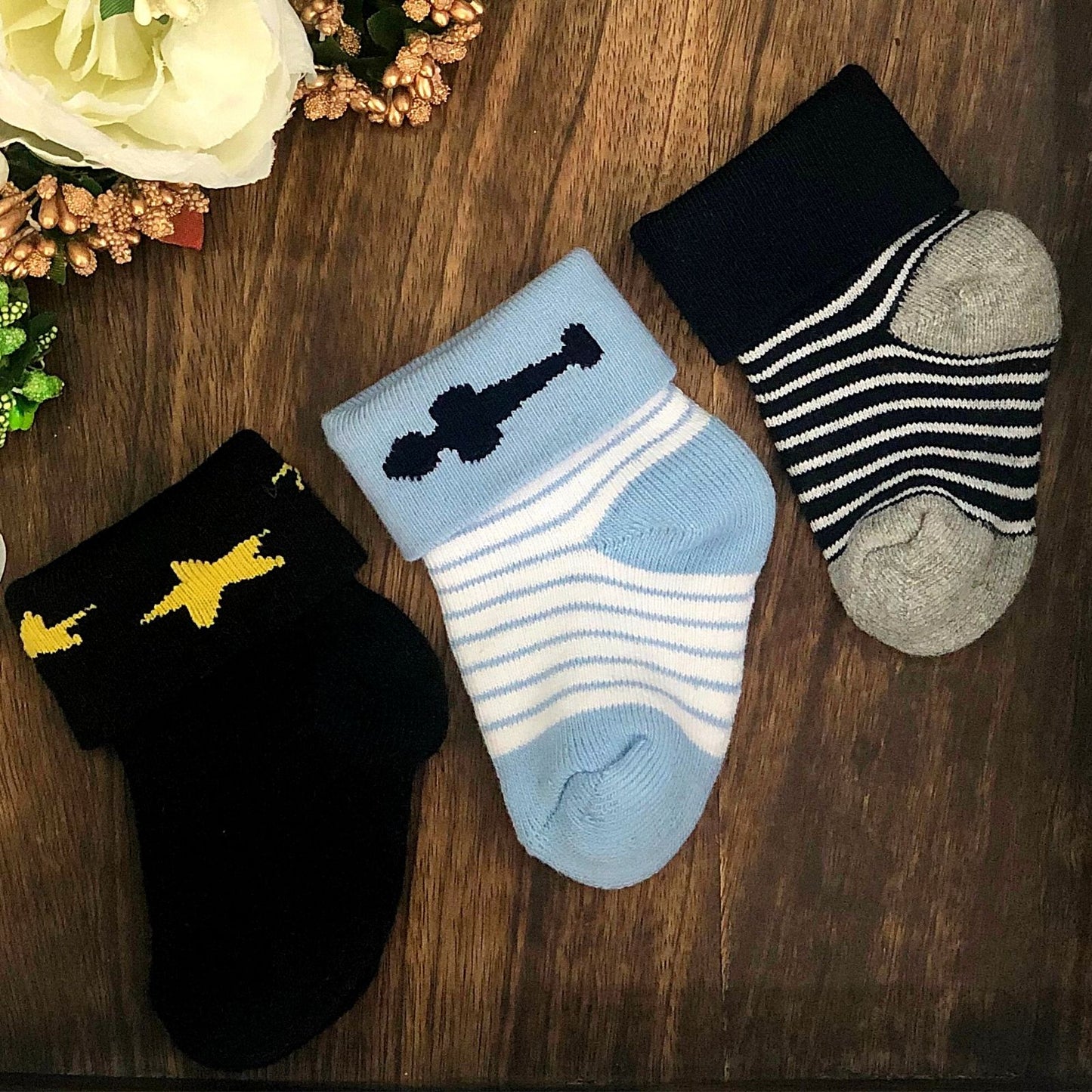 New Born Baby Cotton Terry Socks (Black:Sky Blue:Grey)