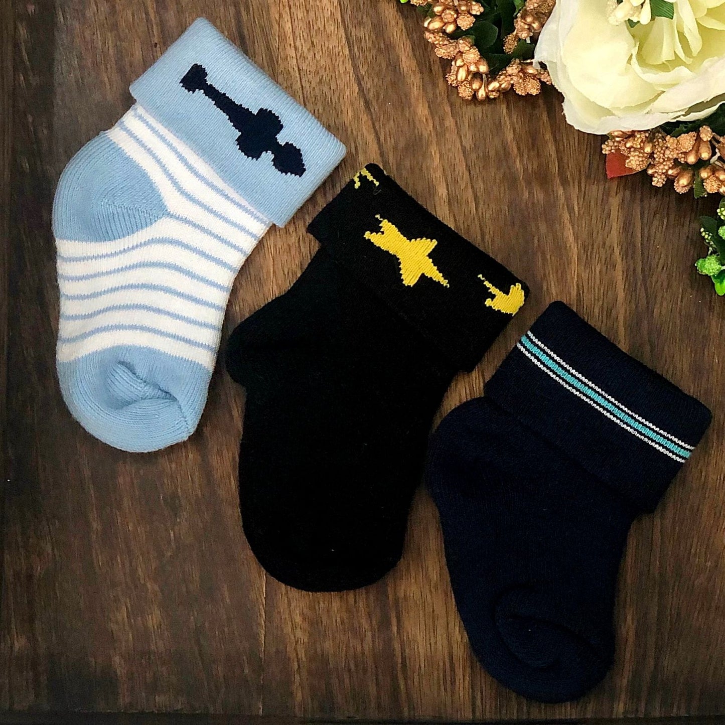 New Born Baby Cotton Terry Socks (Navy Blue:Black:Sky Blue)