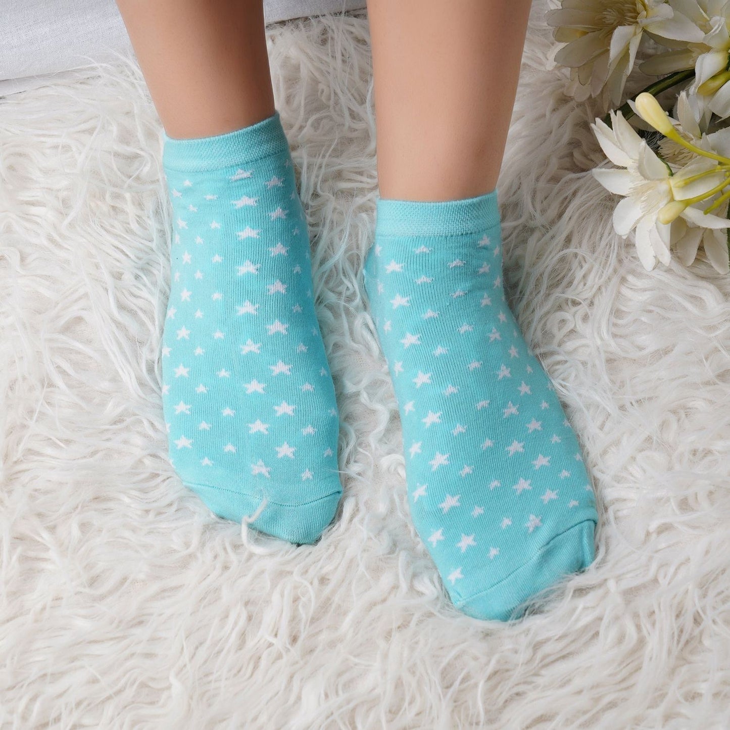 Low Ankle Star Pattern Cotton Socks (Light Blue)