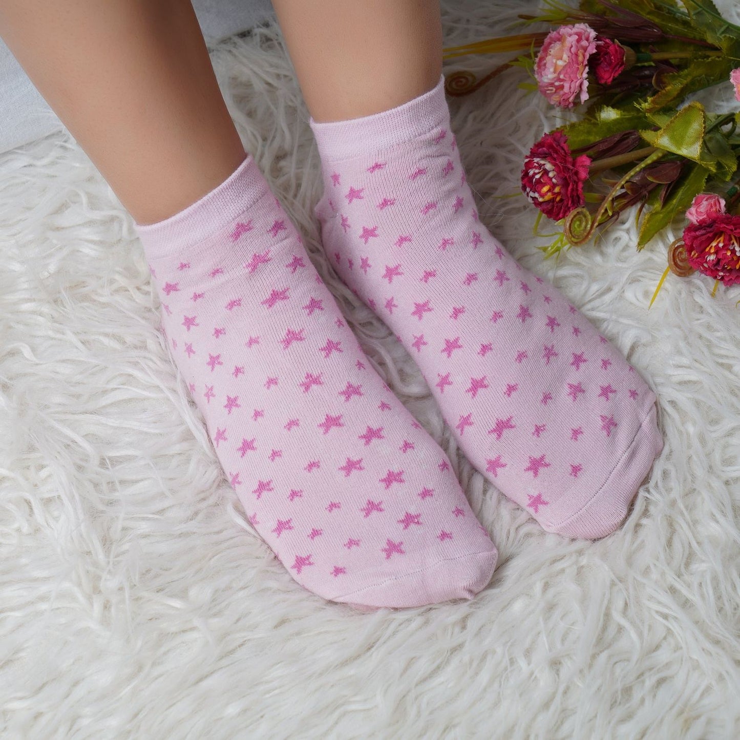 Low Ankle Star Pattern Cotton Socks (Baby Pink)