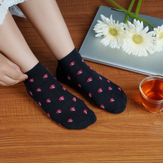 Flower Pattern Sneaker Socks (Black)