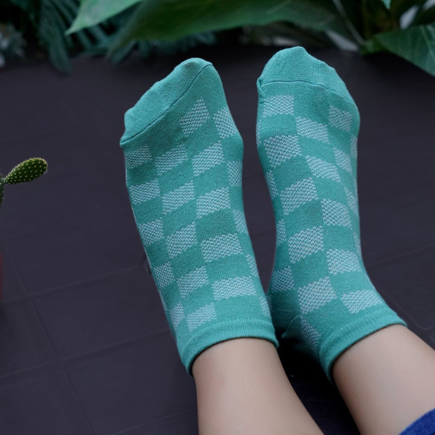 Low Ankle Check Pattern Socks (Green)