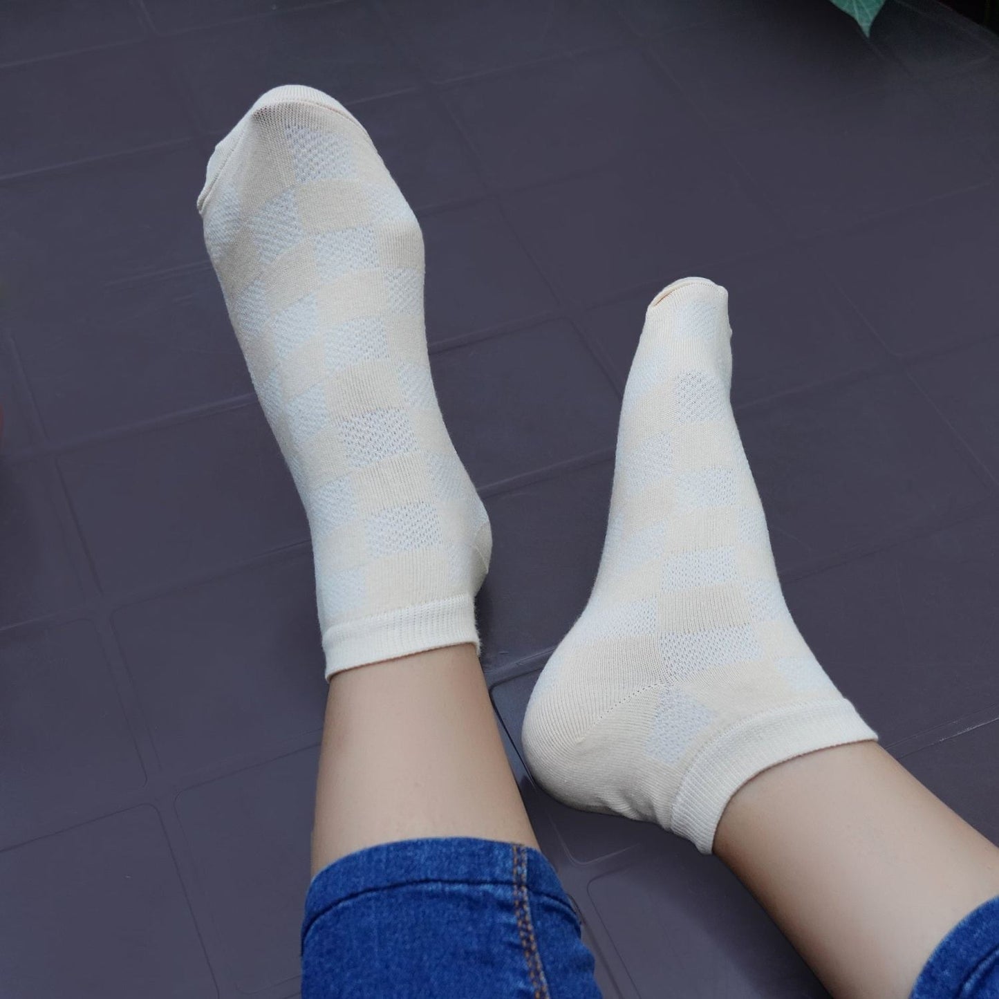 Low Ankle Check Pattern Socks (Peach)