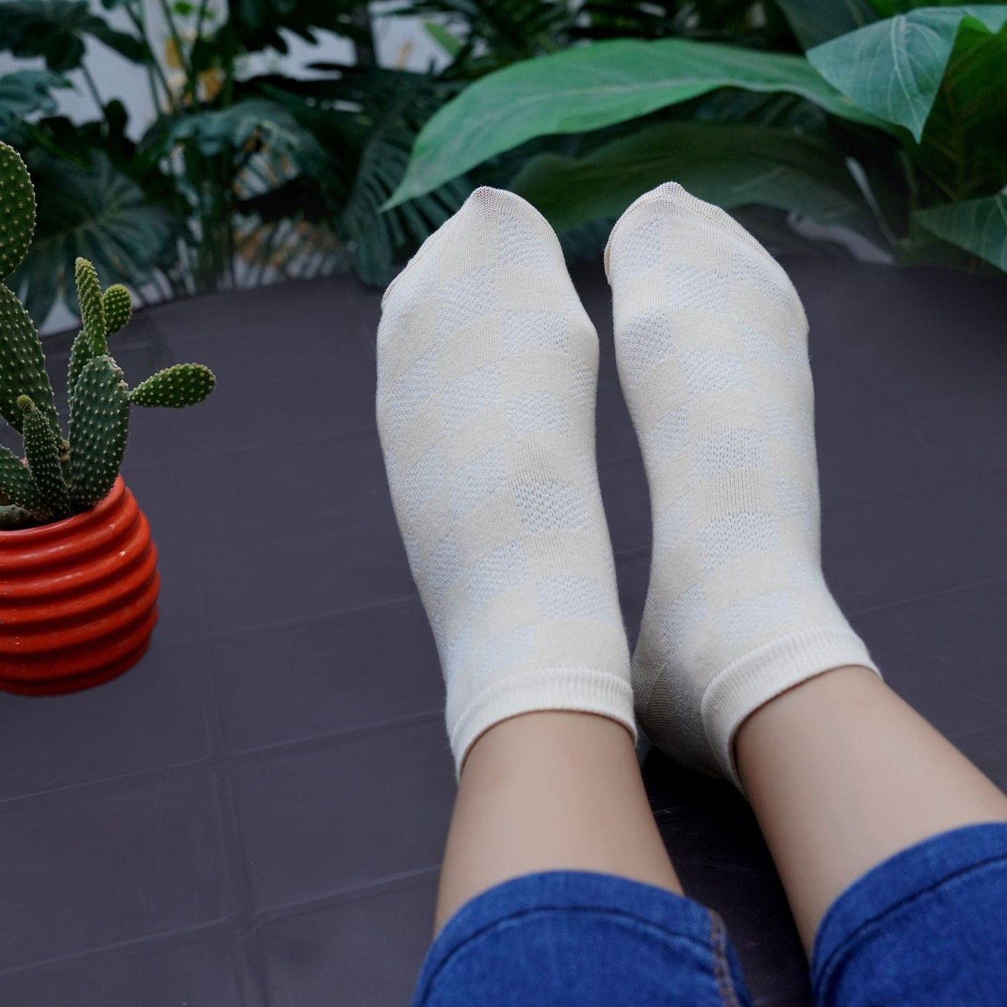 Low Ankle Check Pattern Socks (Peach)